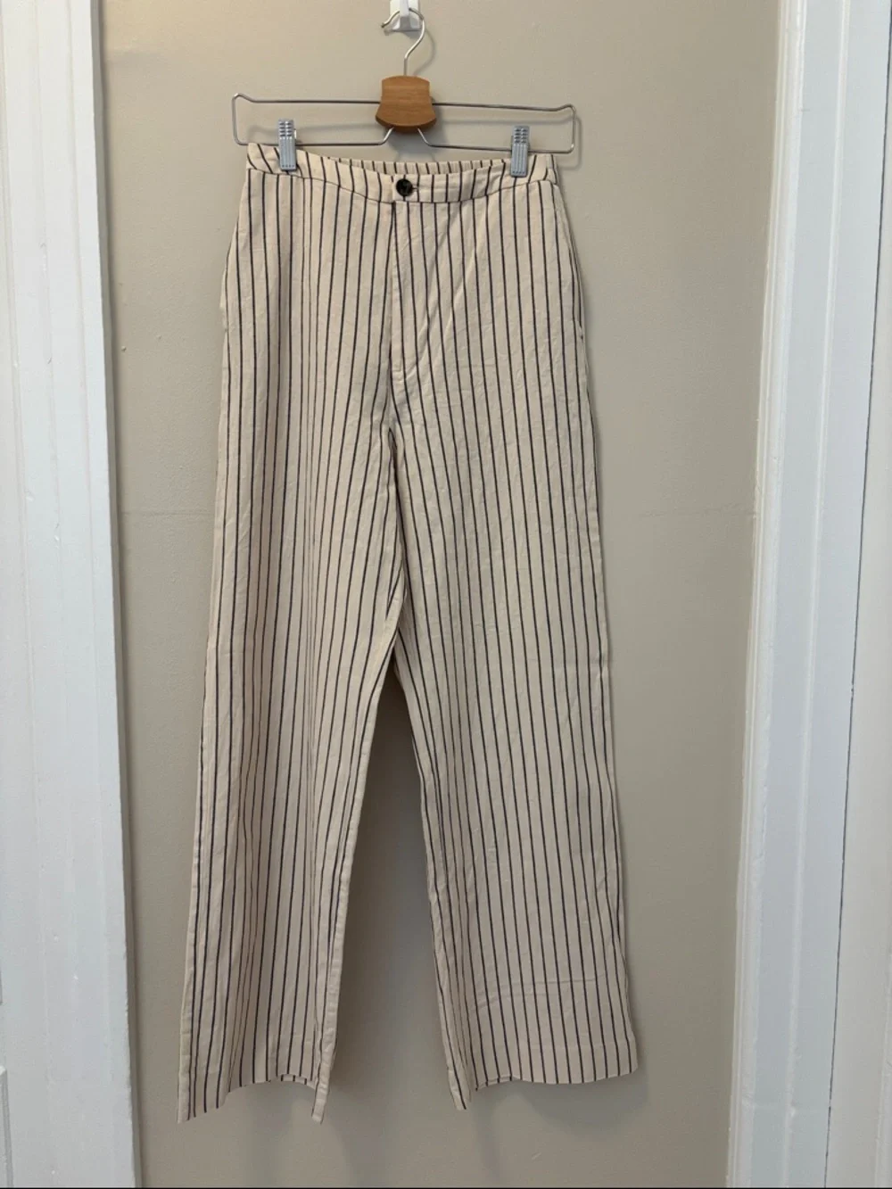 Wide-Leg Pinstripe Trousers in Beige - Picture 2 of 5